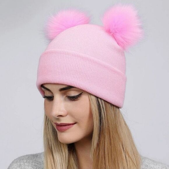PINK FLUFFY POM POM Beanie Hat - Picture 1 of 3